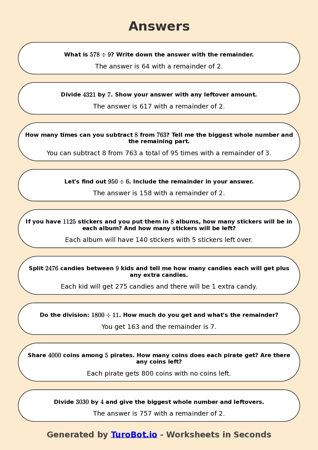 Math - Division - Year 3 - Challenge Long Division with Remainders