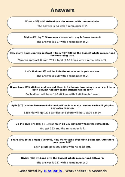 Math - Division - Year 3 - Challenge Long Division with Remainders