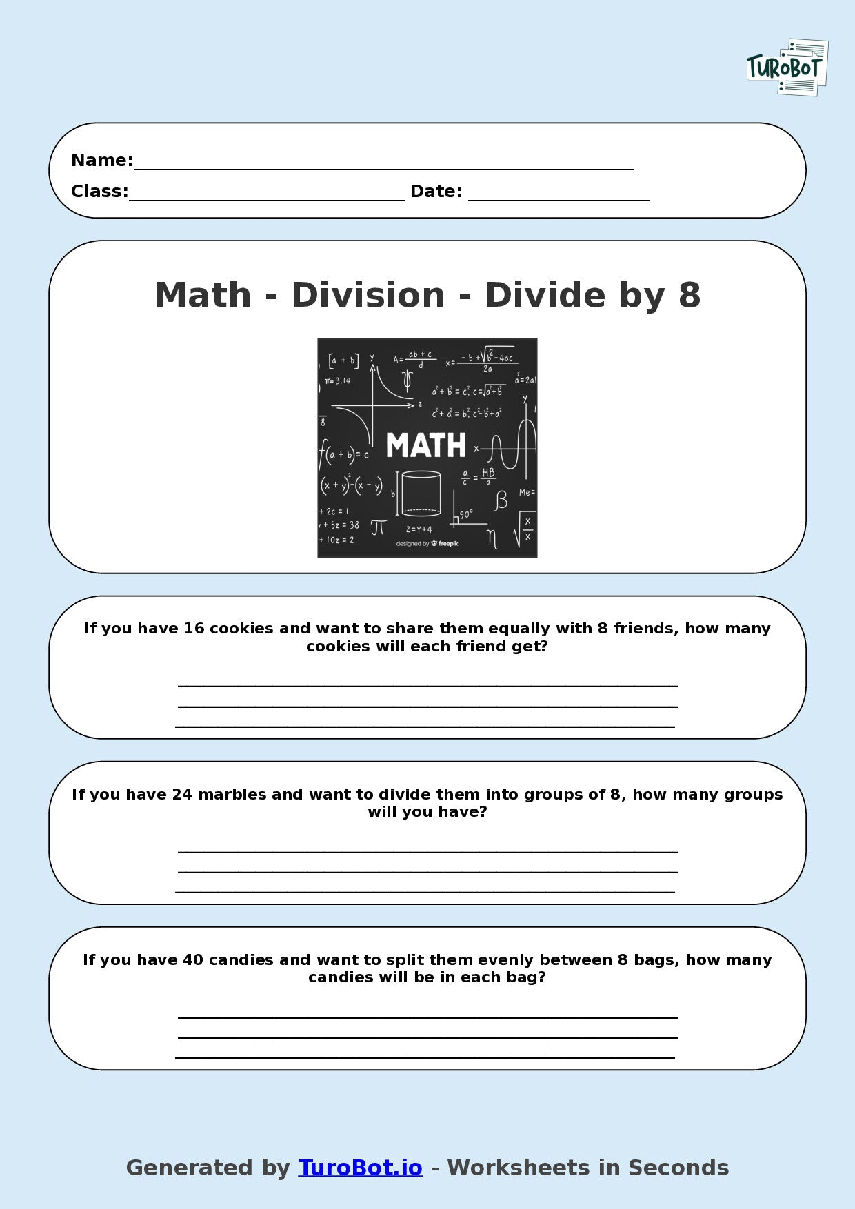Math - Division - Year 3 - Divide by 8 – TuroBot
