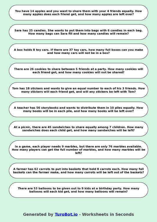 Math - Division - Year 3 - Word Problems Remainders