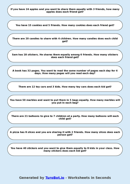 Math - Division - Year 3 - Word Problems Sharing Equally