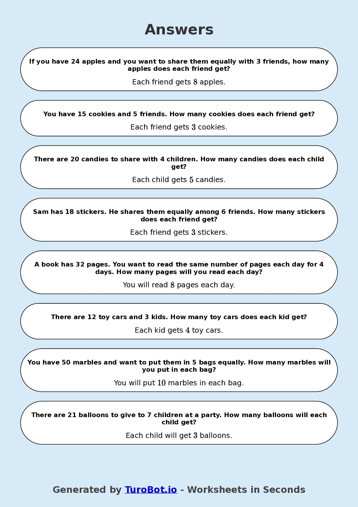 Math - Division - Year 3 - Word Problems Sharing Equally