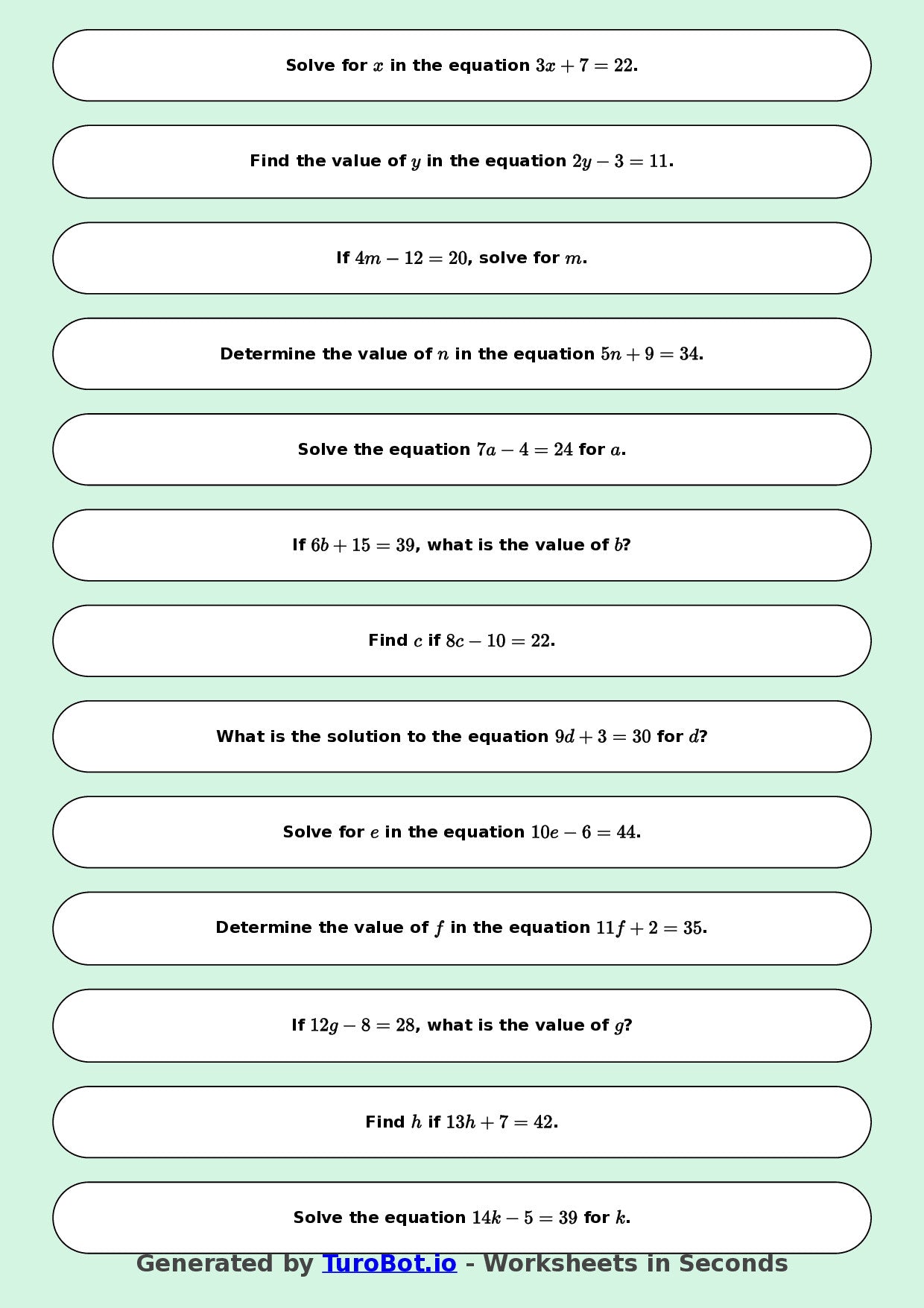 Math - Easy Multi-Step Equations Exercise 1 - Year 7 - Exercise 1