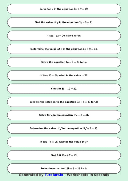Math - Easy Multi-Step Equations Exercise 1 - Year 7 - Exercise 1