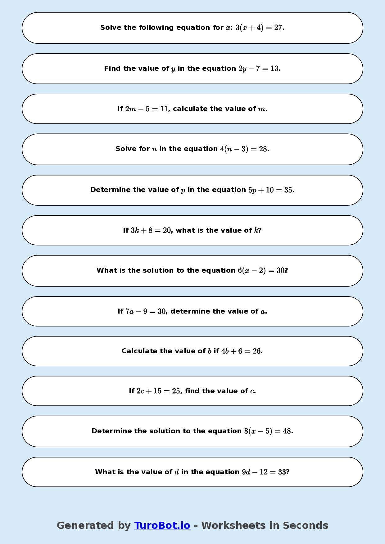 Math - Easy Multi-Step Equations Exercise 3 - Year 7 - Exercise 3