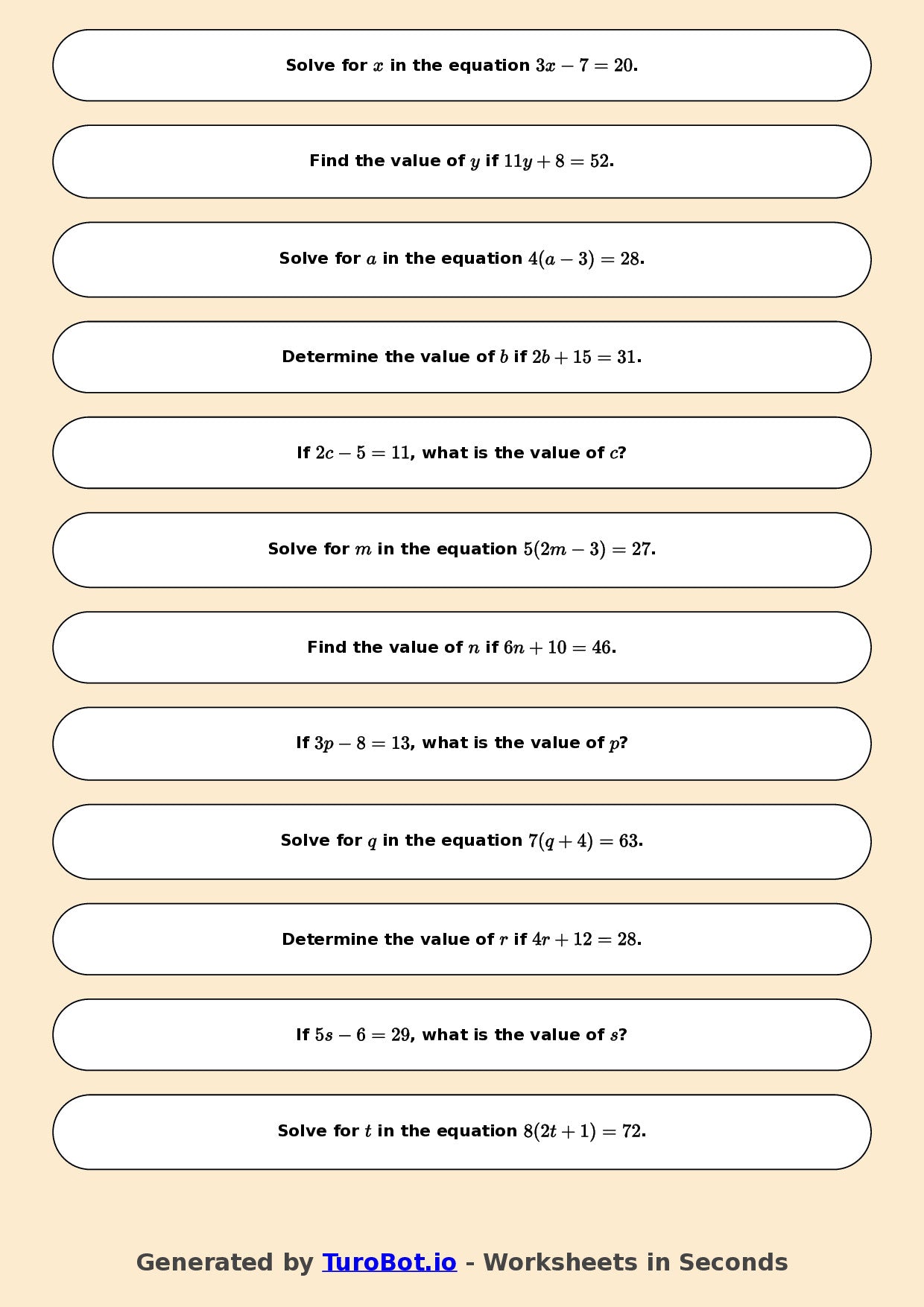 Math - Easy Multi-Step Equations Exercise 4 - Year 7 - Exercise 4