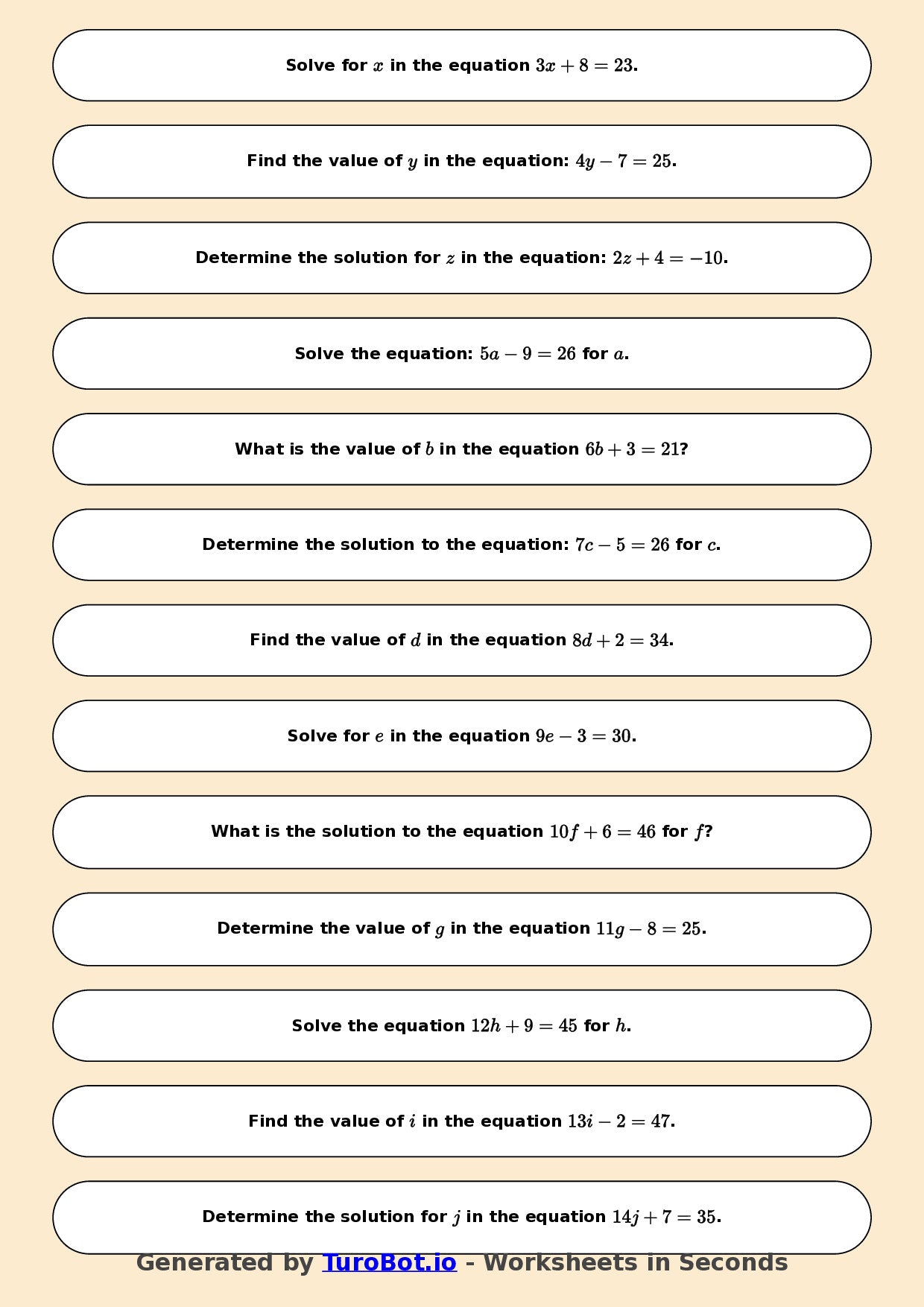 Math - Easy One-Step Equations Exercise 1 - Year 7 - Exercise 1
