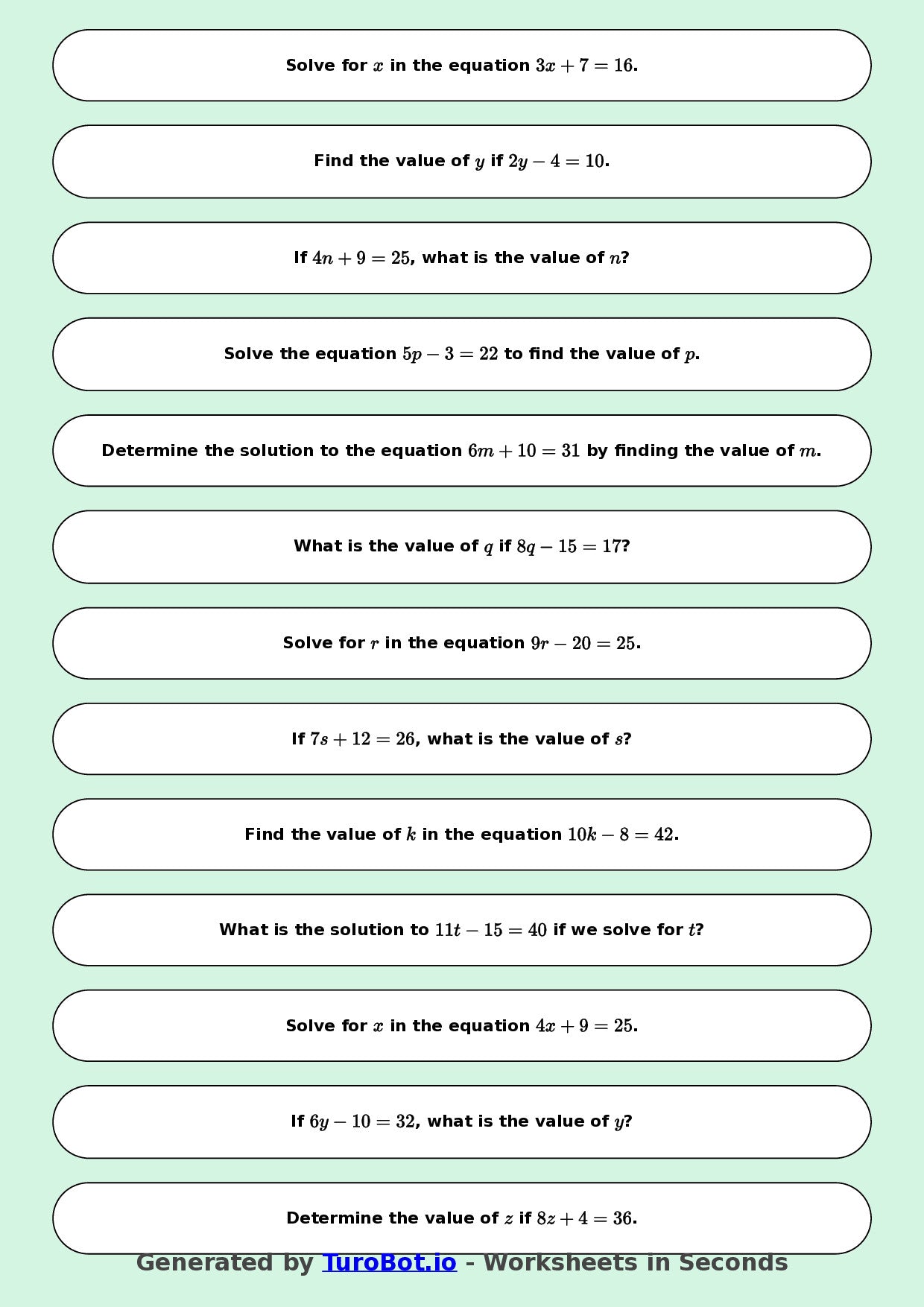 Math - Easy One-Step Equations Exercise 2 - Year 7 - Exercise 2