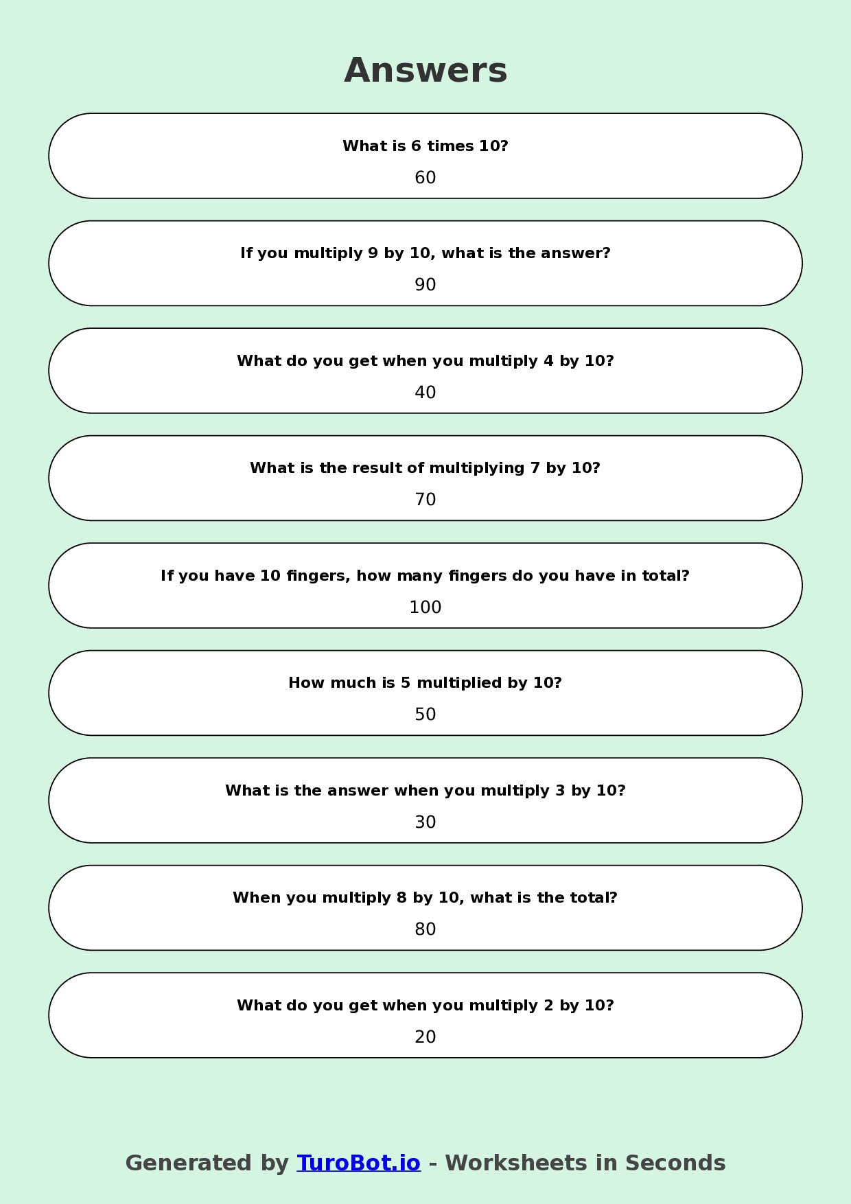 Math - Multiplication - Year 3 - Multiply by 10