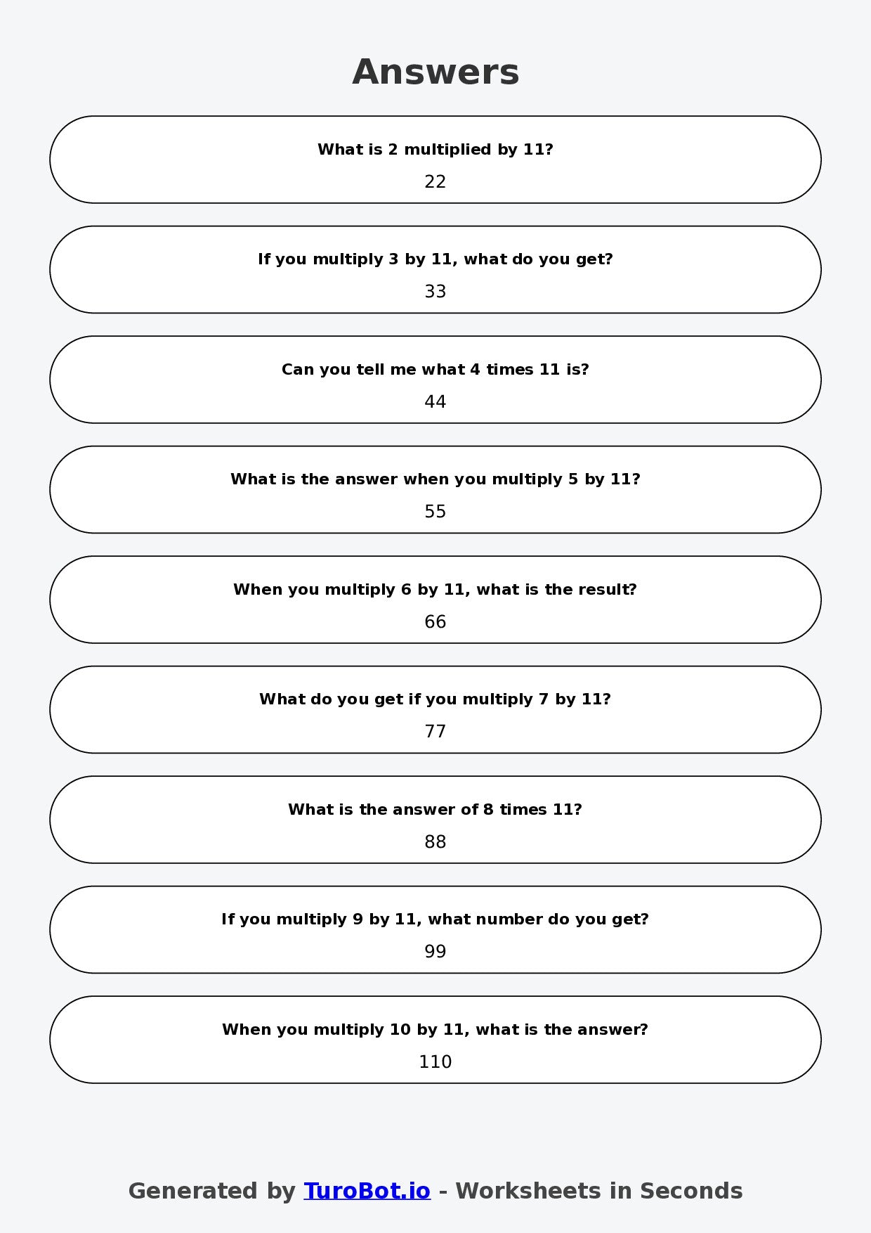 Math - Multiplication - Year 3 - Multiply by 11