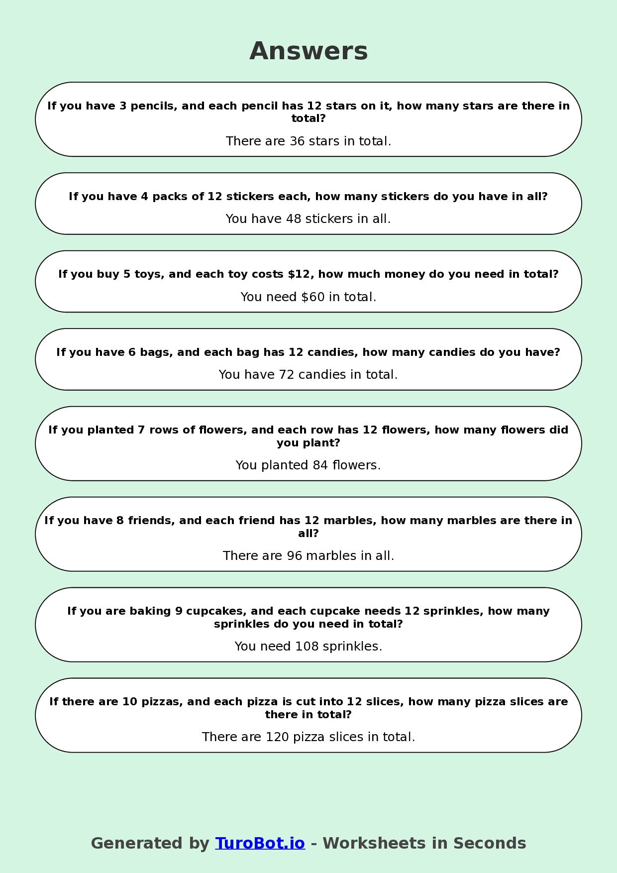 Math - Multiplication - Year 3 - Multiply by 12