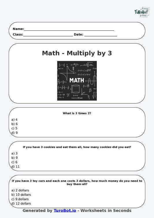 Math - Multiplication - Year 3 - Multiply by 3