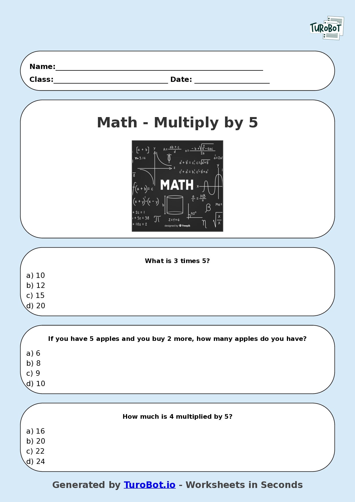 Math - Multiplication - Year 3 - Multiply by 5