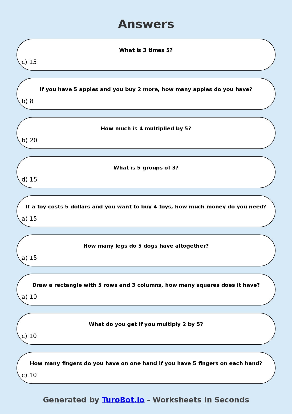Math - Multiplication - Year 3 - Multiply by 5