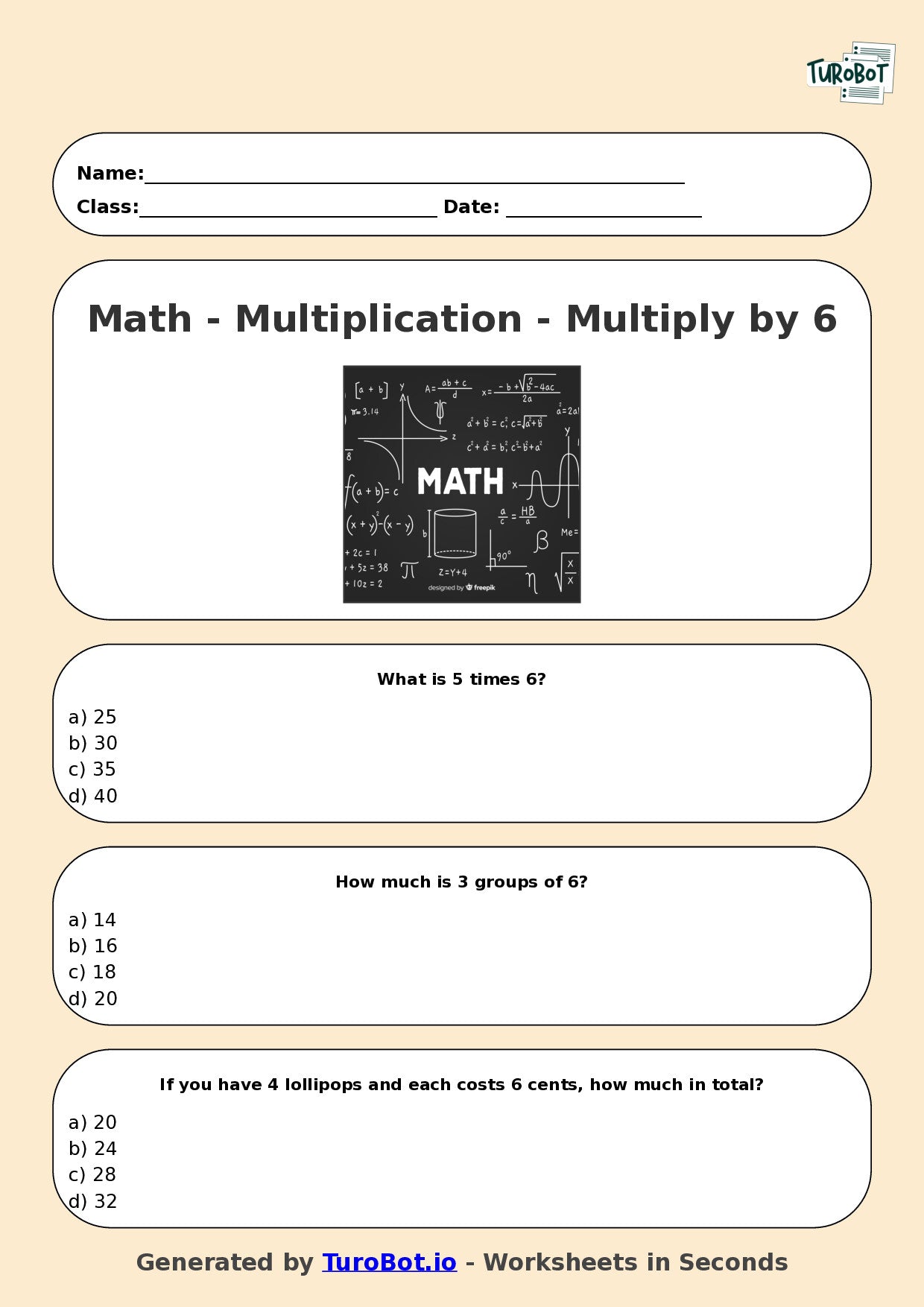 Math - Multiplication - Year 3 - Multiply by 6