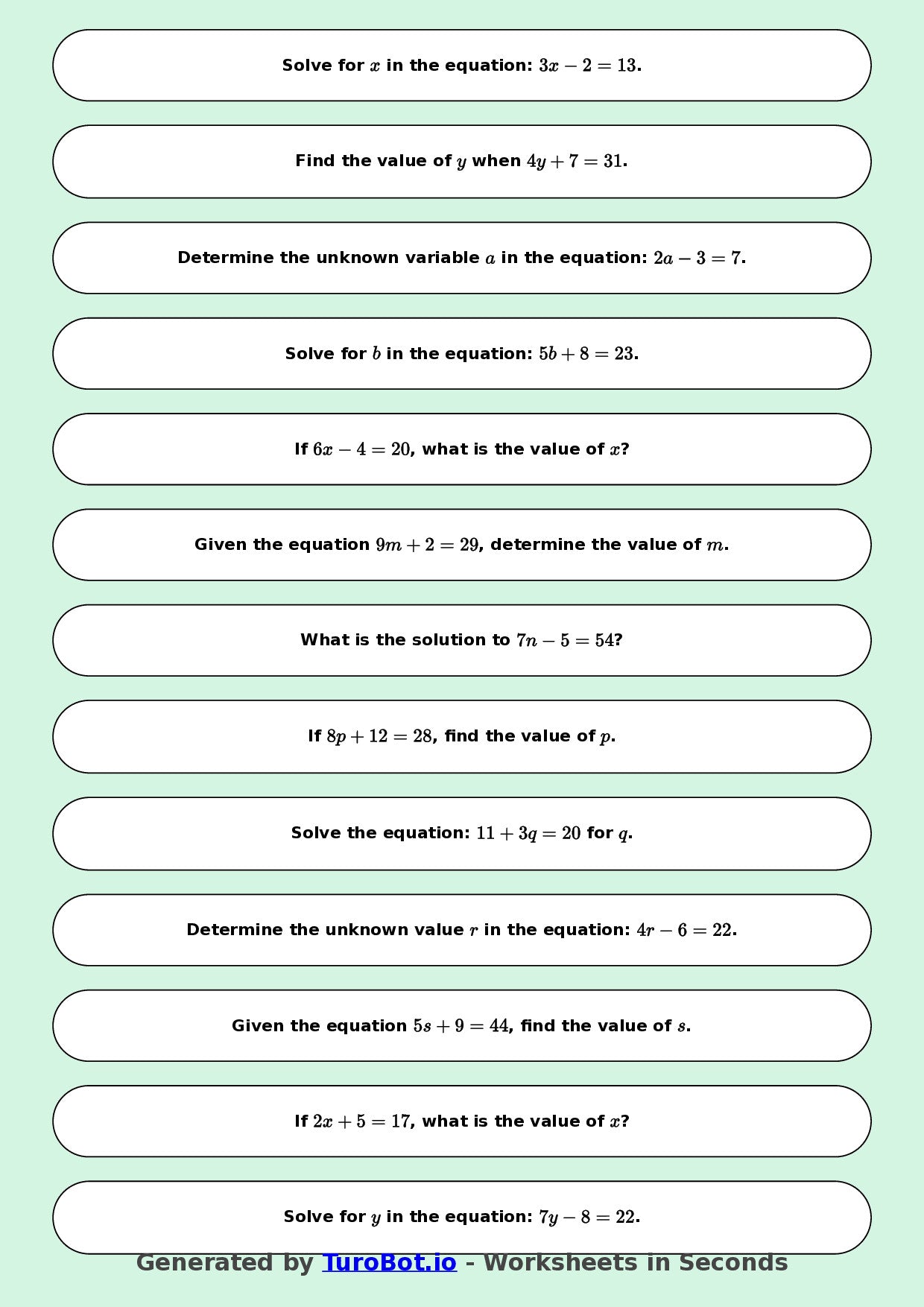 Math - One Step Equations Exercise 1 - Year 7 - Exercise 1