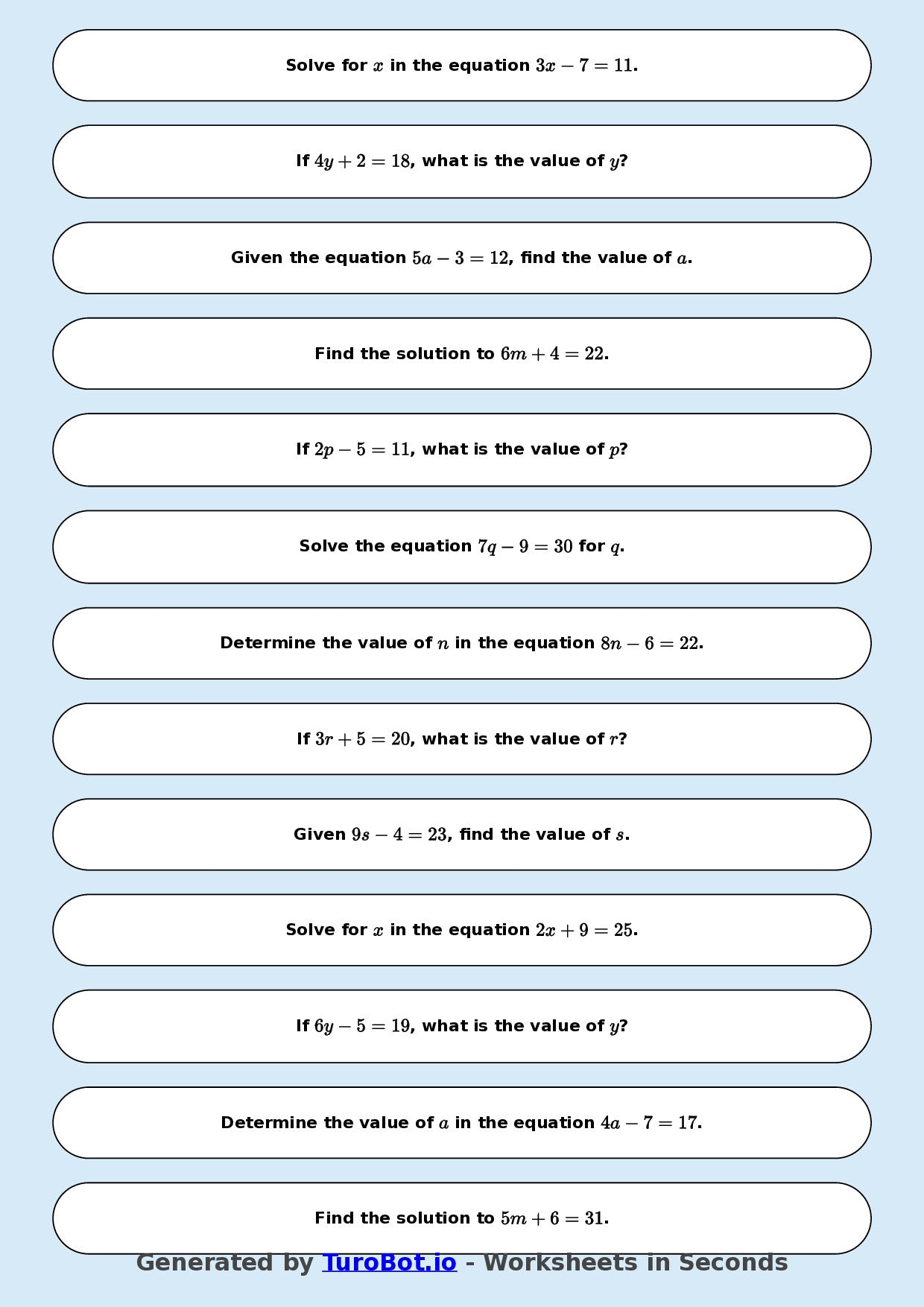 Math - One Step Equations Exercise 10 - Year 7 - Exercise 10