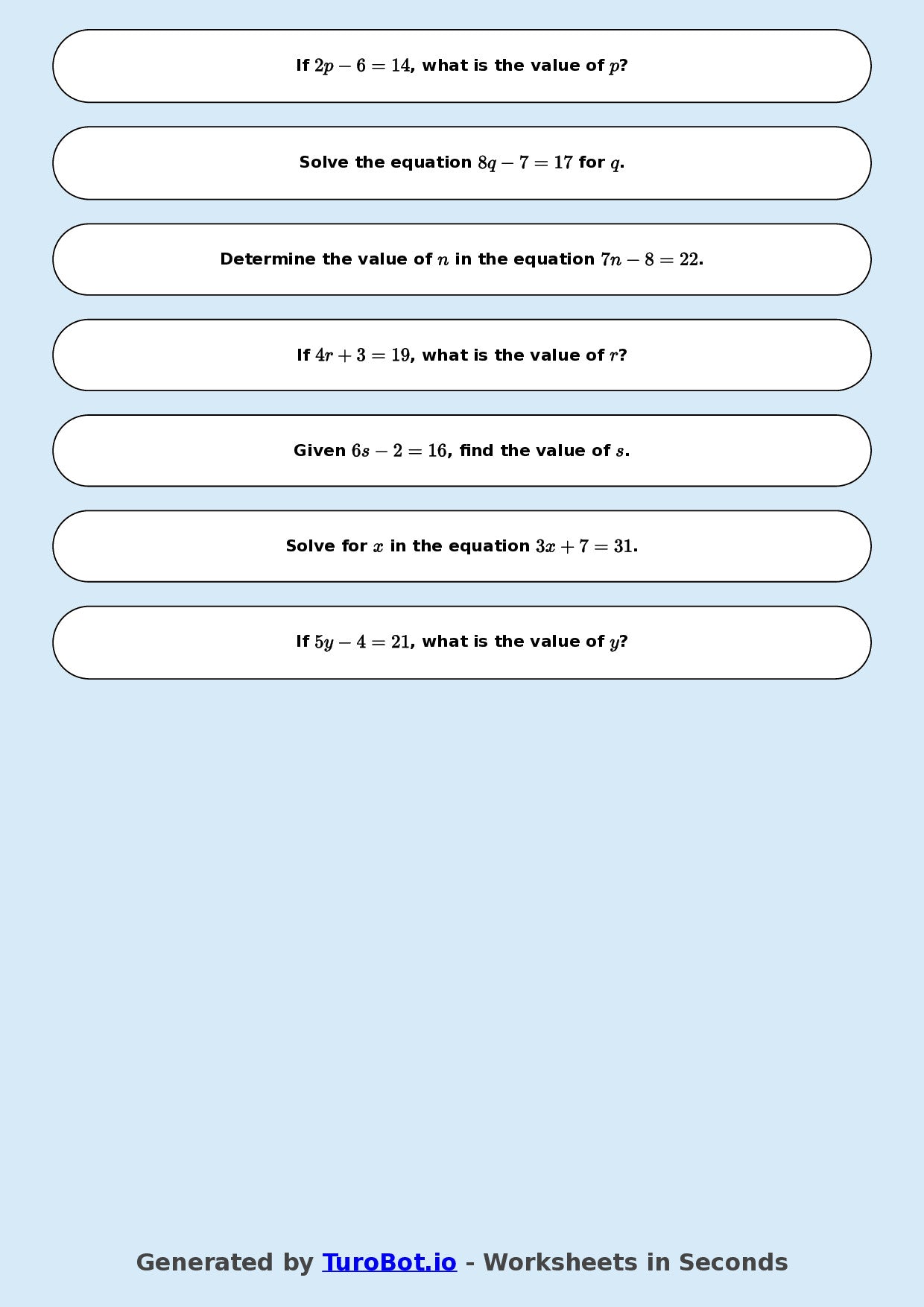 Math - One Step Equations Exercise 10 - Year 7 - Exercise 10