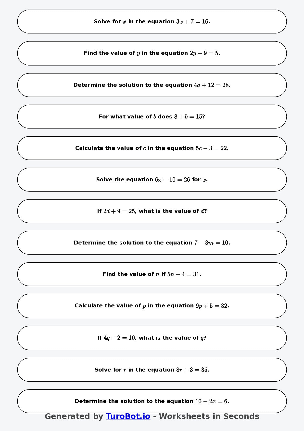 Math - One Step Equations Exercise 3 - Year 7 - Exercise 3