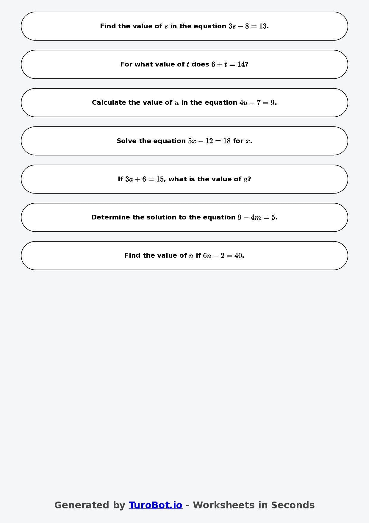 Math - One Step Equations Exercise 3 - Year 7 - Exercise 3