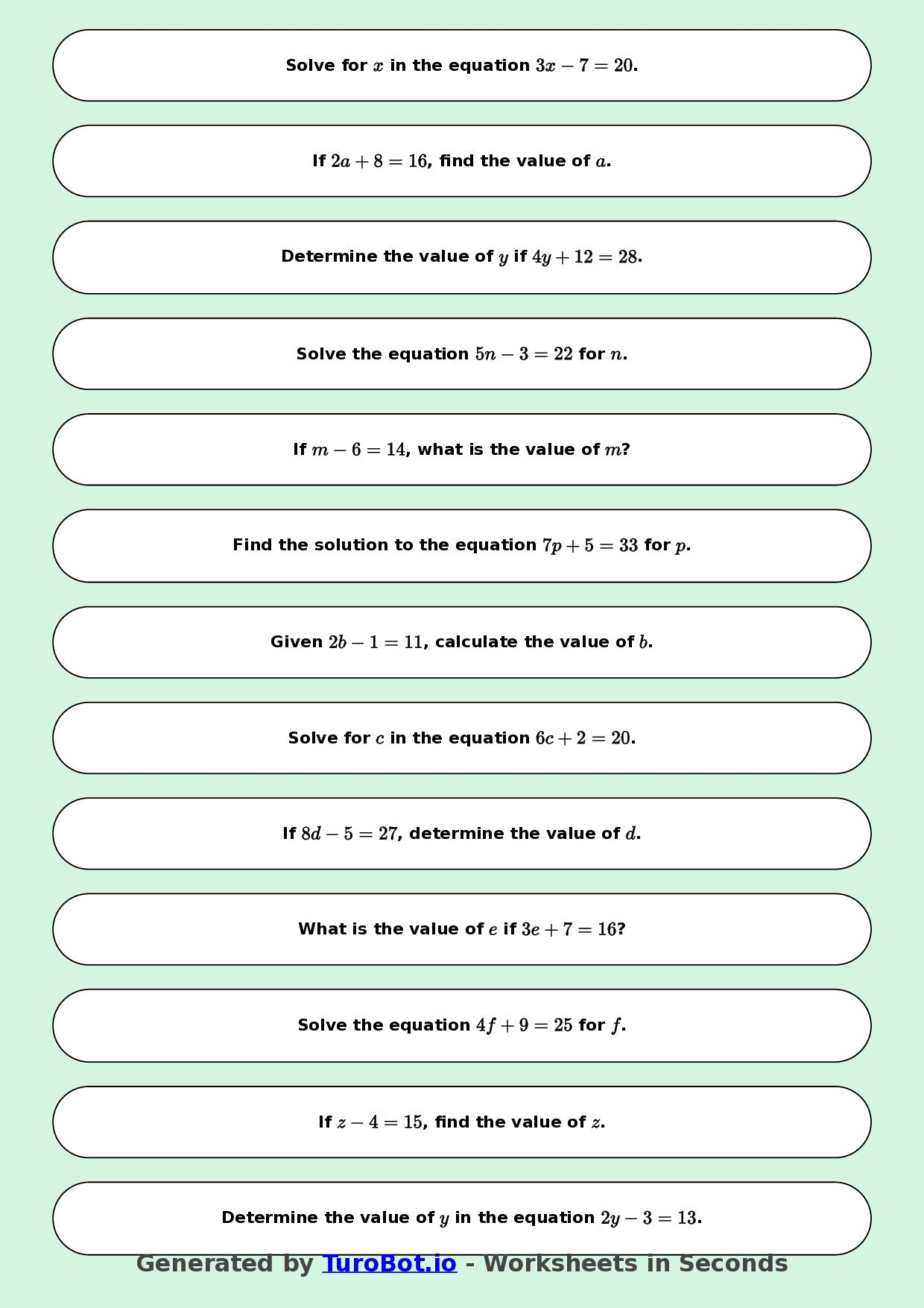 Math - One Step Equations Exercise 4 - Year 7 - Exercise 4