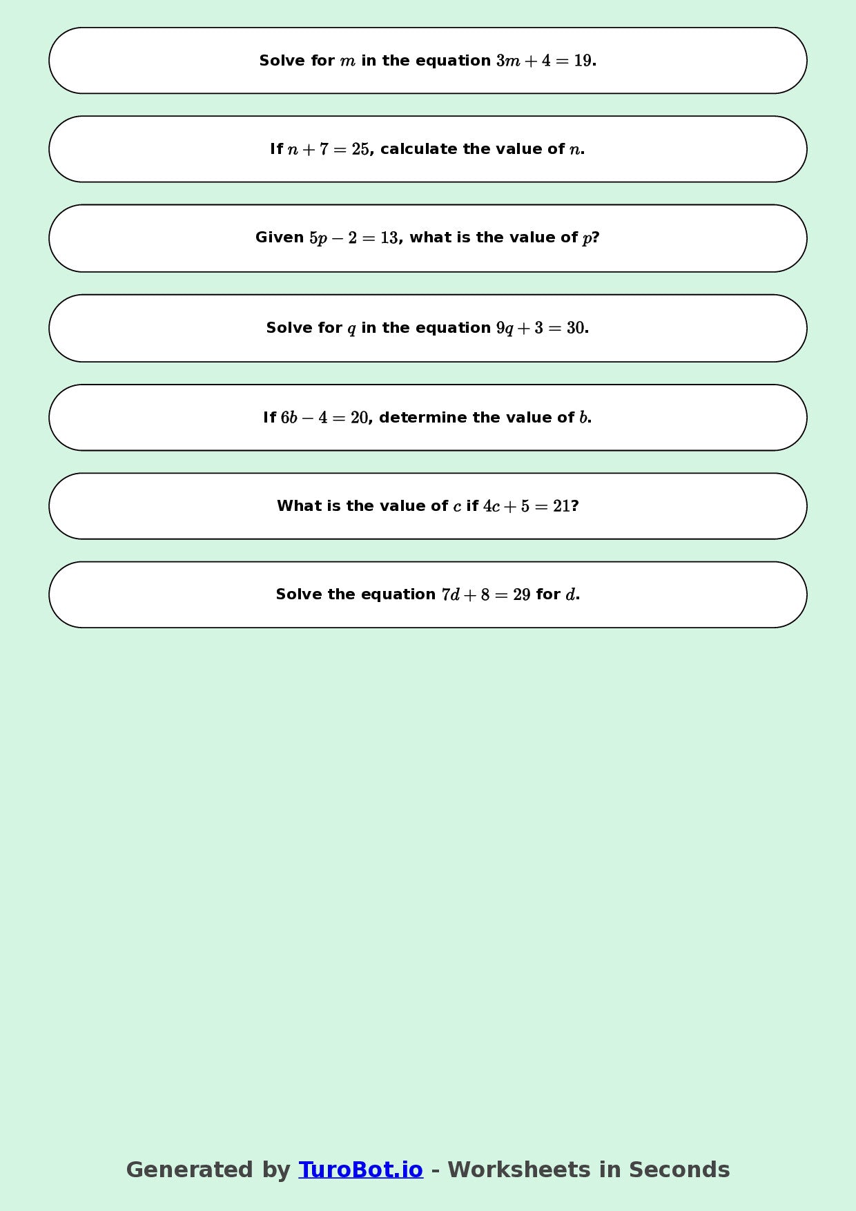 Math - One Step Equations Exercise 4 - Year 7 - Exercise 4