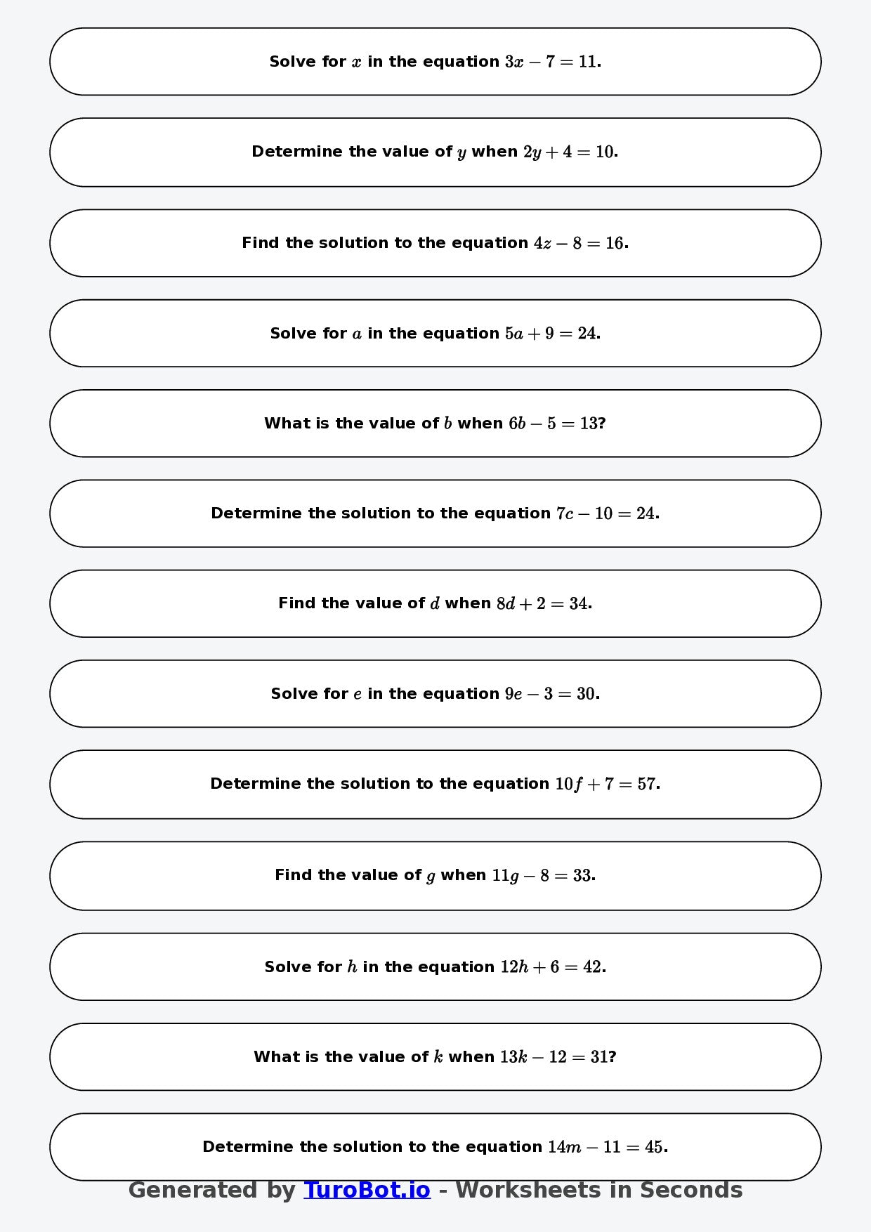 Math - One Step Equations Exercise 5 - Year 7 - Exercise 5