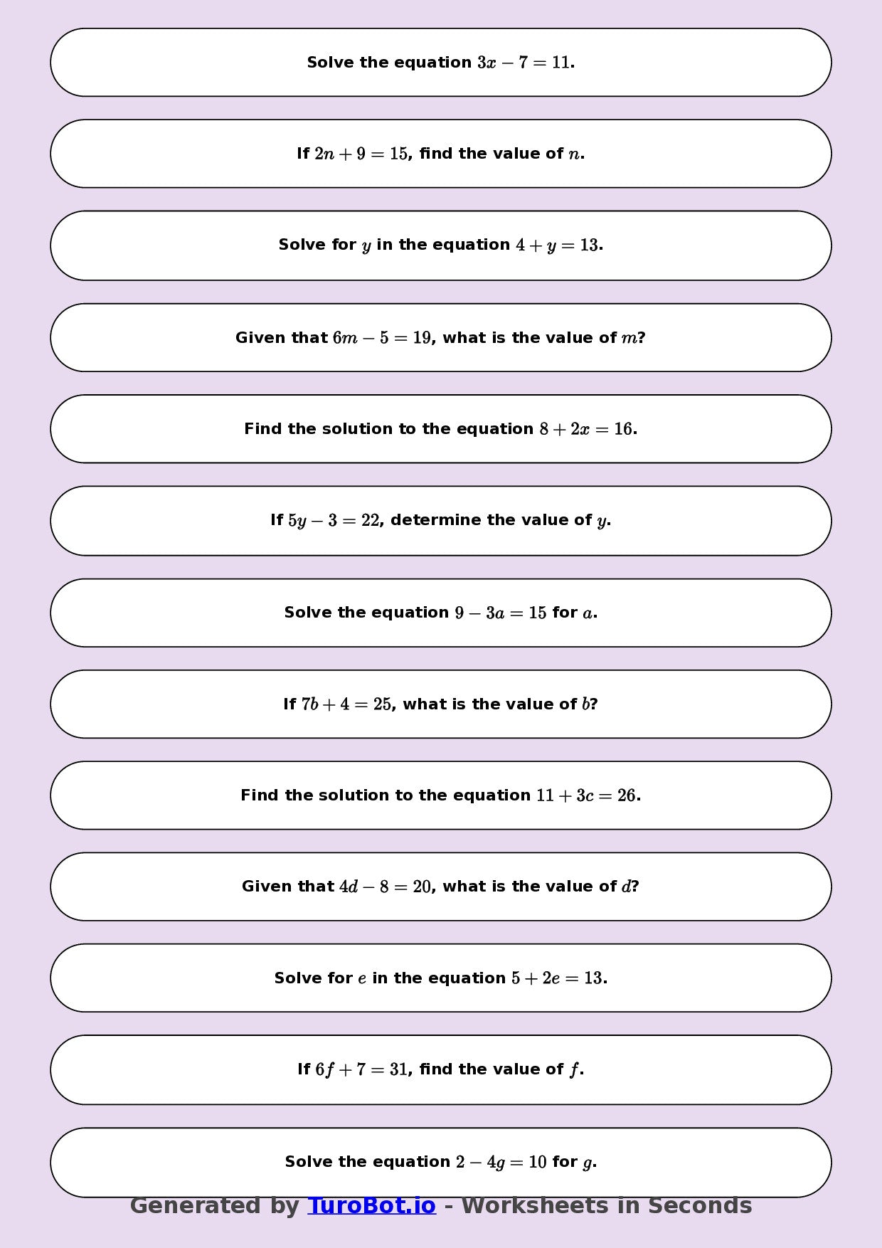 Math - One Step Equations Exercise 6 - Year 7 - Exercise 6