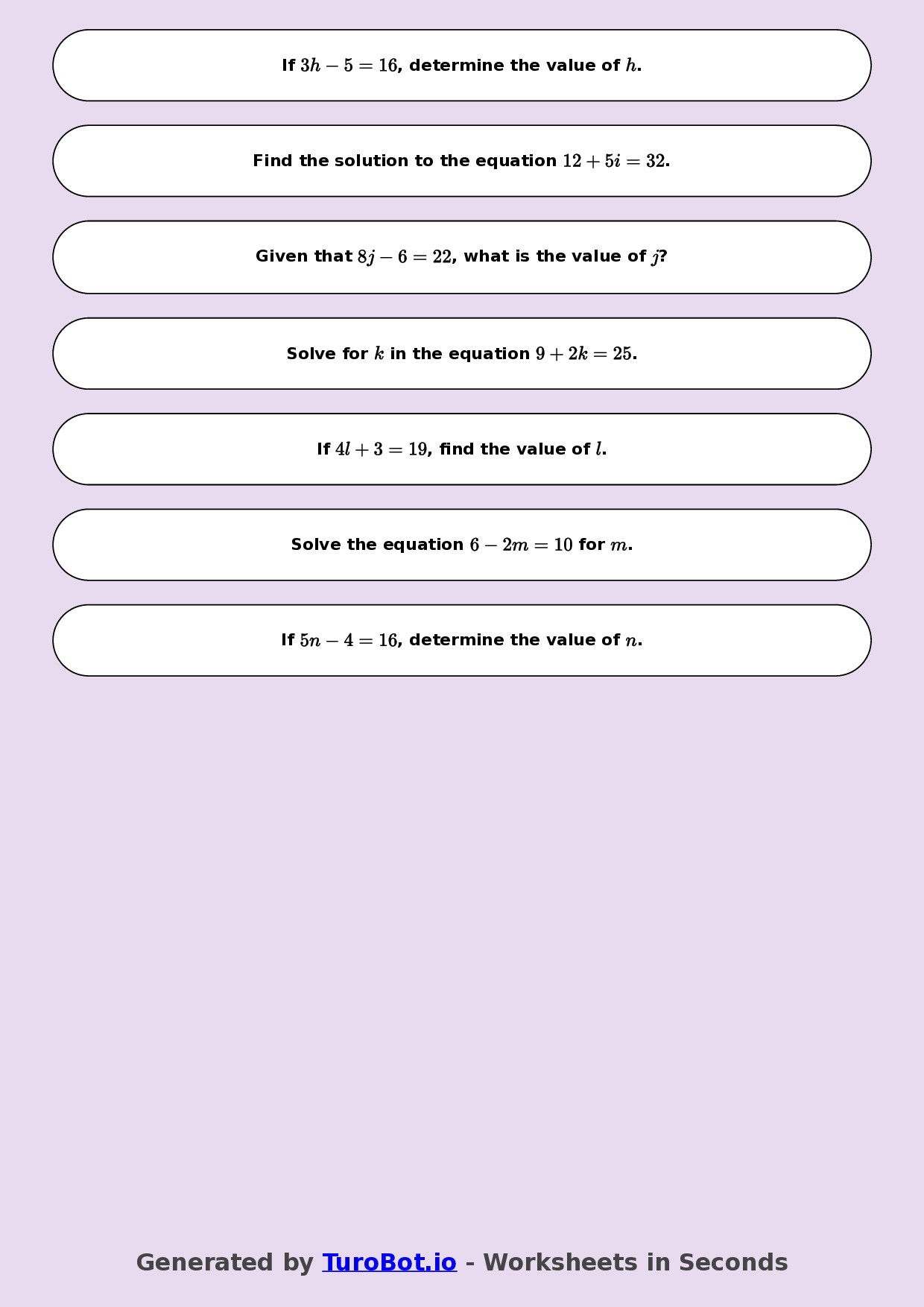 Math - One Step Equations Exercise 6 - Year 7 - Exercise 6