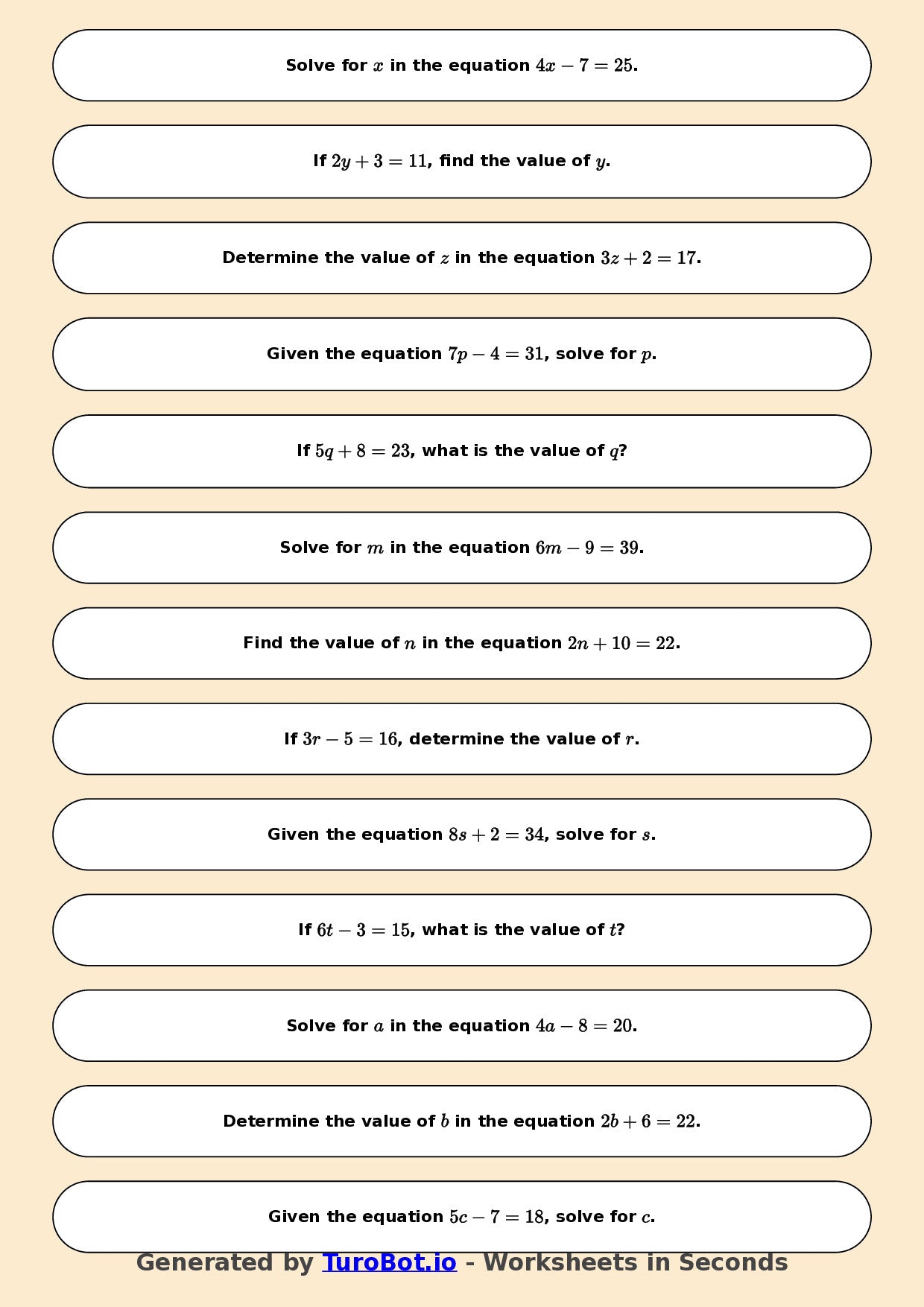 Math - One Step Equations Exercise 7 - Year 7 - Exercise 7