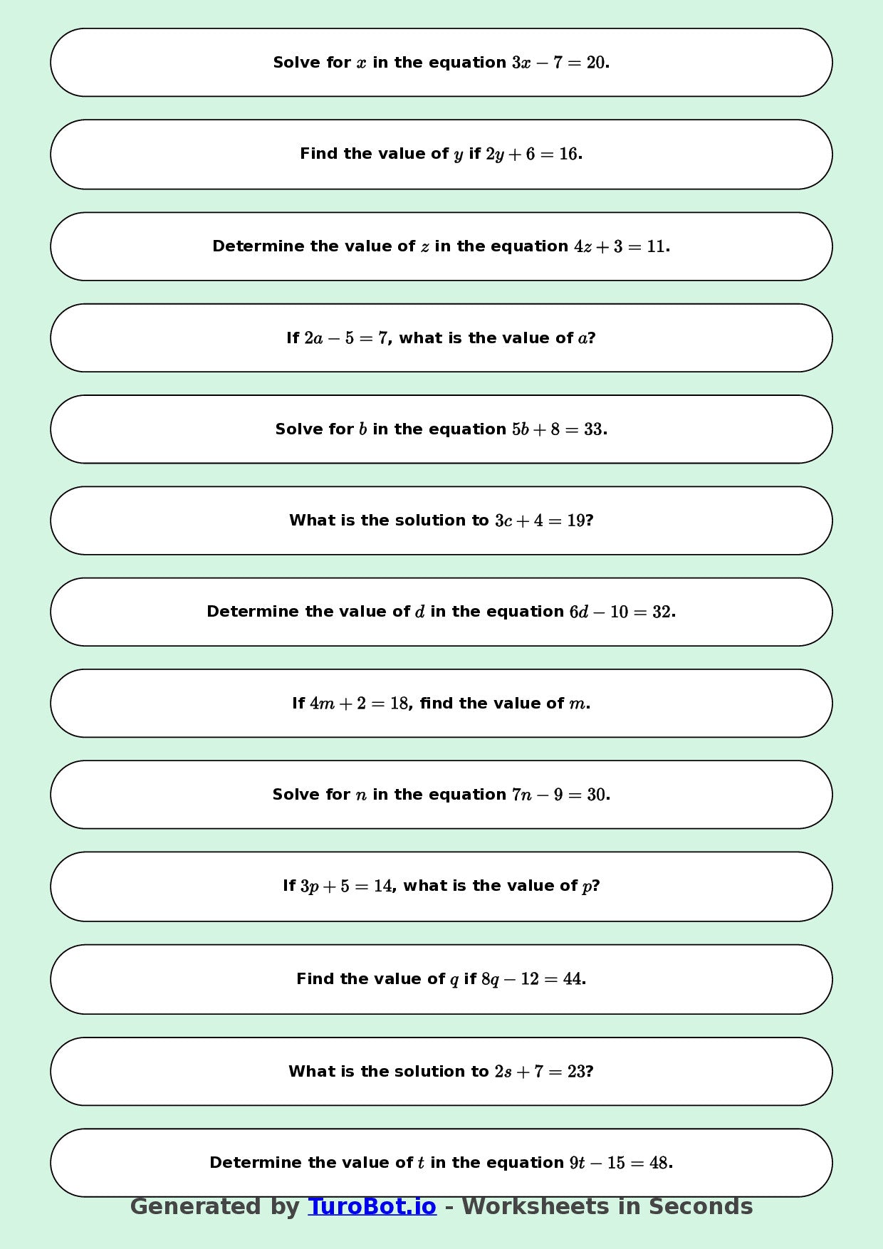 Math - One Step Equations Exercise 8 - Year 7 - Exercise 8