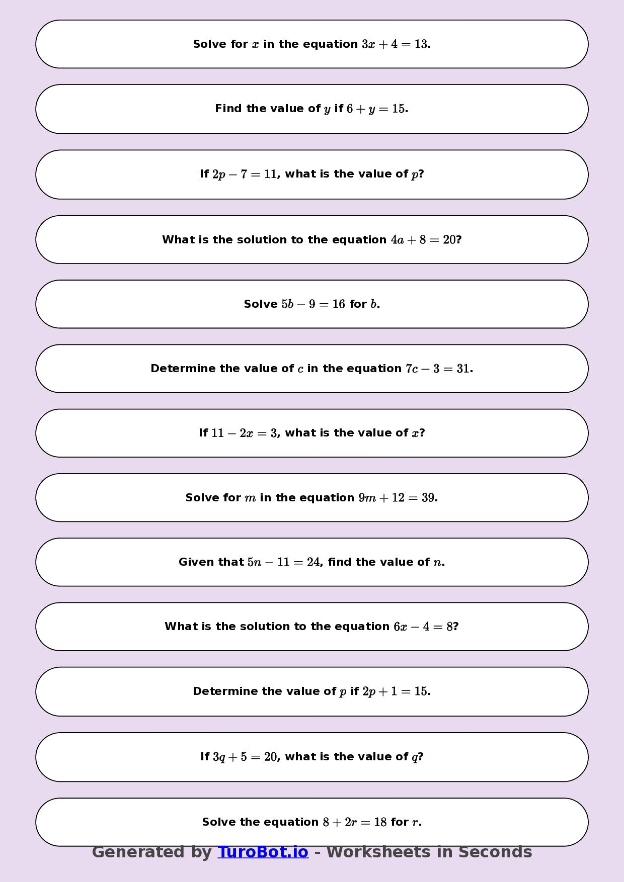 Math - One Step Equations Exercise 9 - Year 7 - Exercise 9