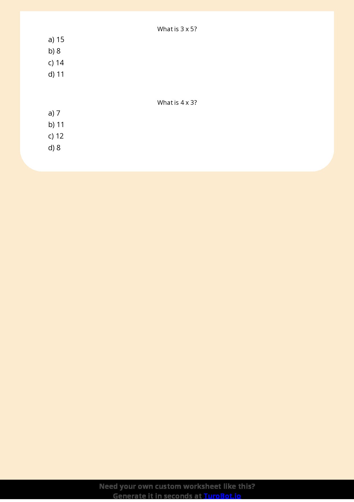 Free Worksheet - Year 3 Mathematics Multiplication Facts Practice Multiple Choice
