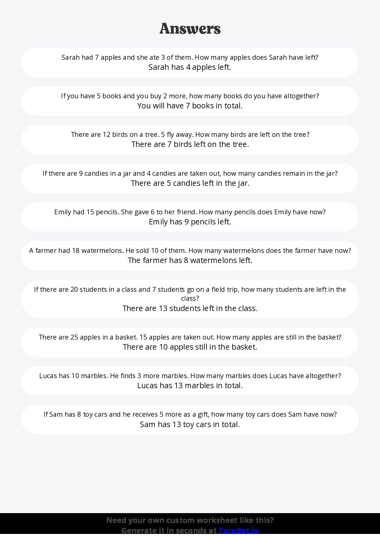 Free Worksheet - Year 4 Math Solving Word Problems with Addition and Subtraction Short Answer Response