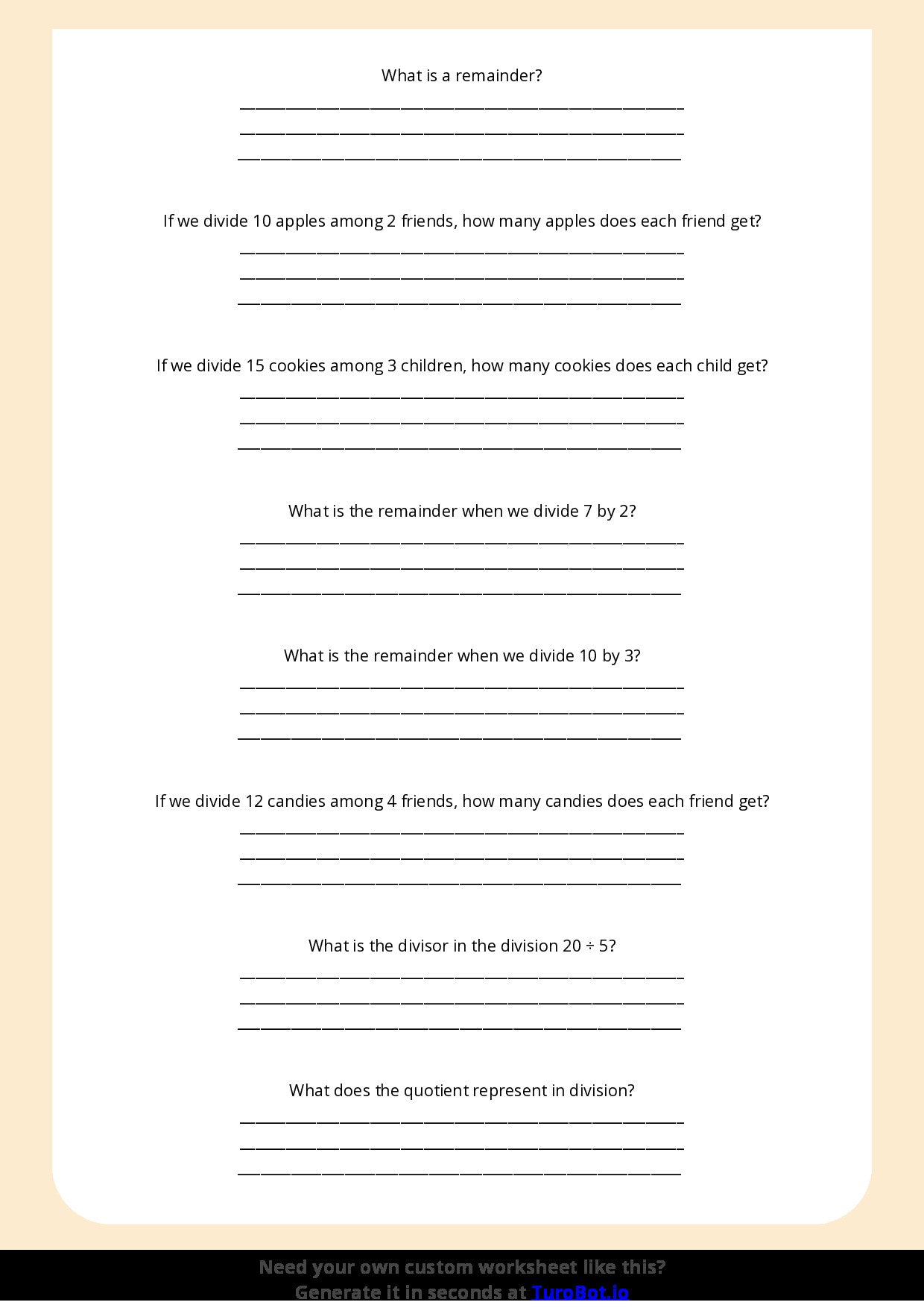 Free Worksheet - Year 4 Math Understanding Division and Remainders Short Answer Response