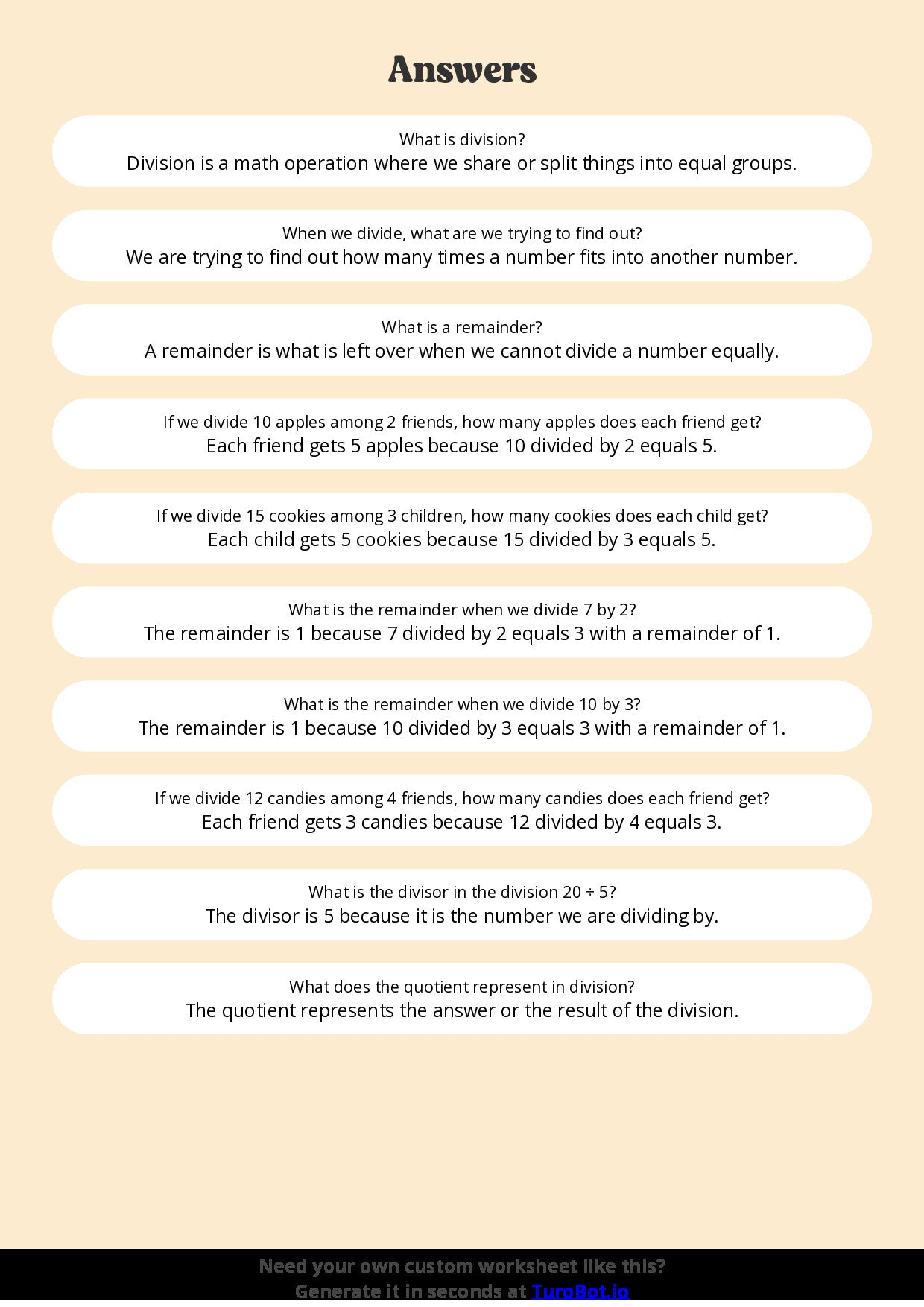 Free Worksheet - Year 4 Math Understanding Division and Remainders Short Answer Response