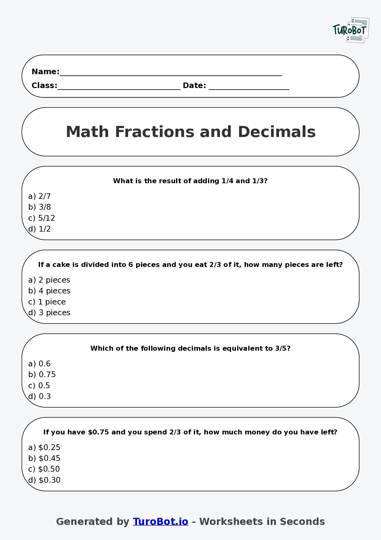 Math - Year 5 - Fractions and Decimals