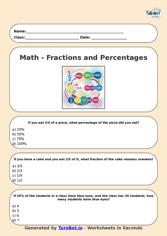 Year 5 Math Multiple Choice Worksheet – Fractions and Percentages Applications