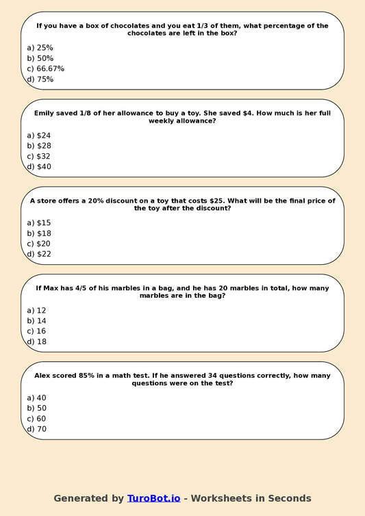 Year 5 Math Multiple Choice Worksheet – Fractions and Percentages Applications