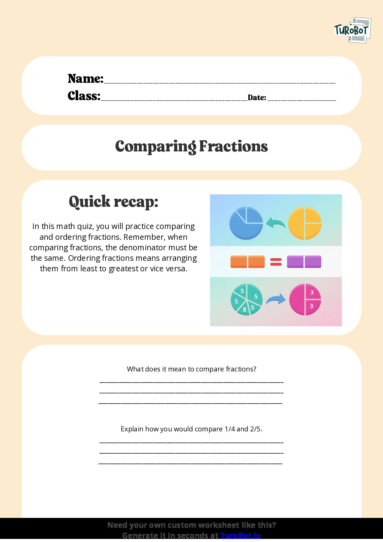 Free Worksheet - Year 5 Math Comparing and Ordering Fractions Short Answer Response