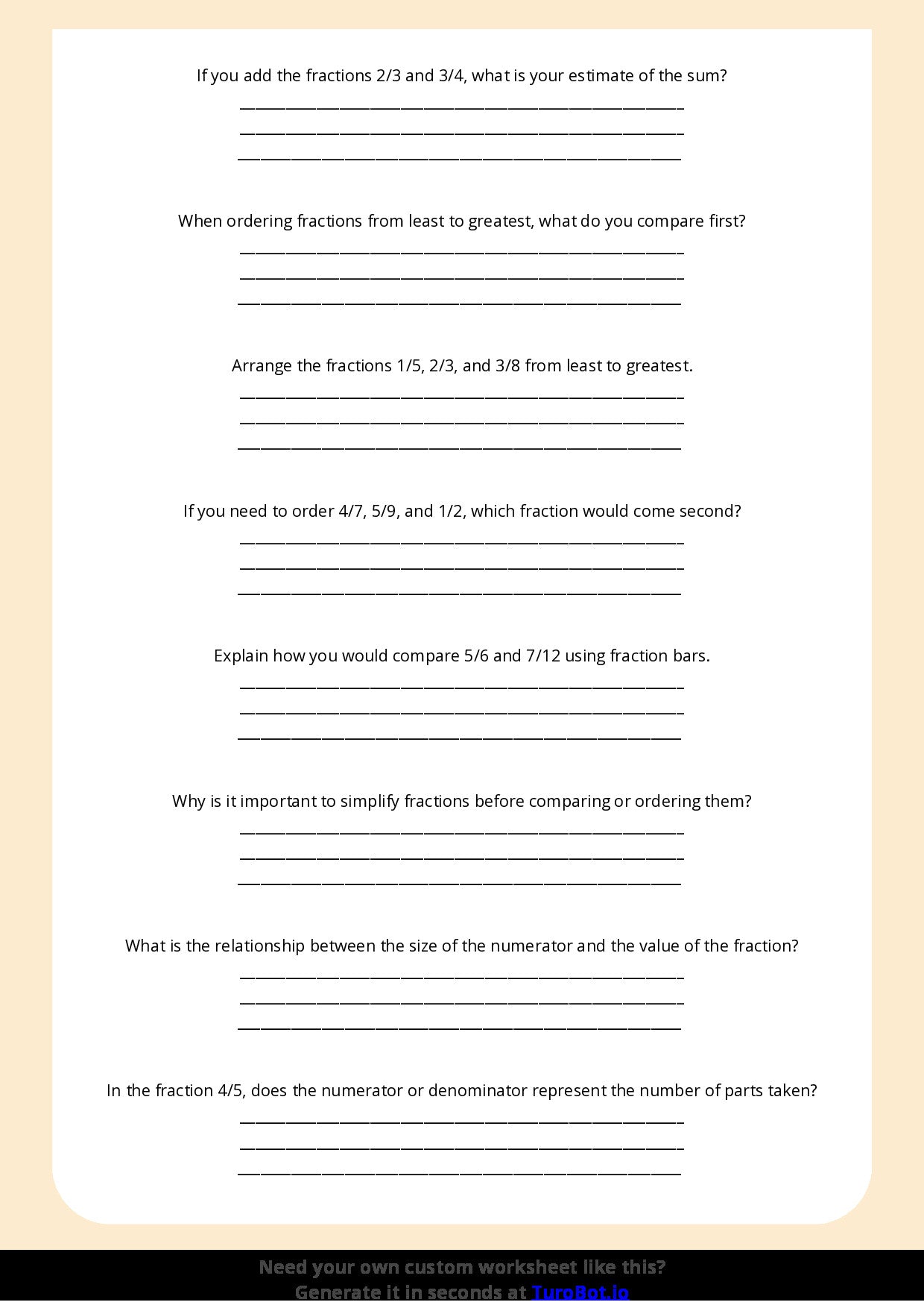 Free Worksheet - Year 5 Math Comparing and Ordering Fractions Short Answer Response