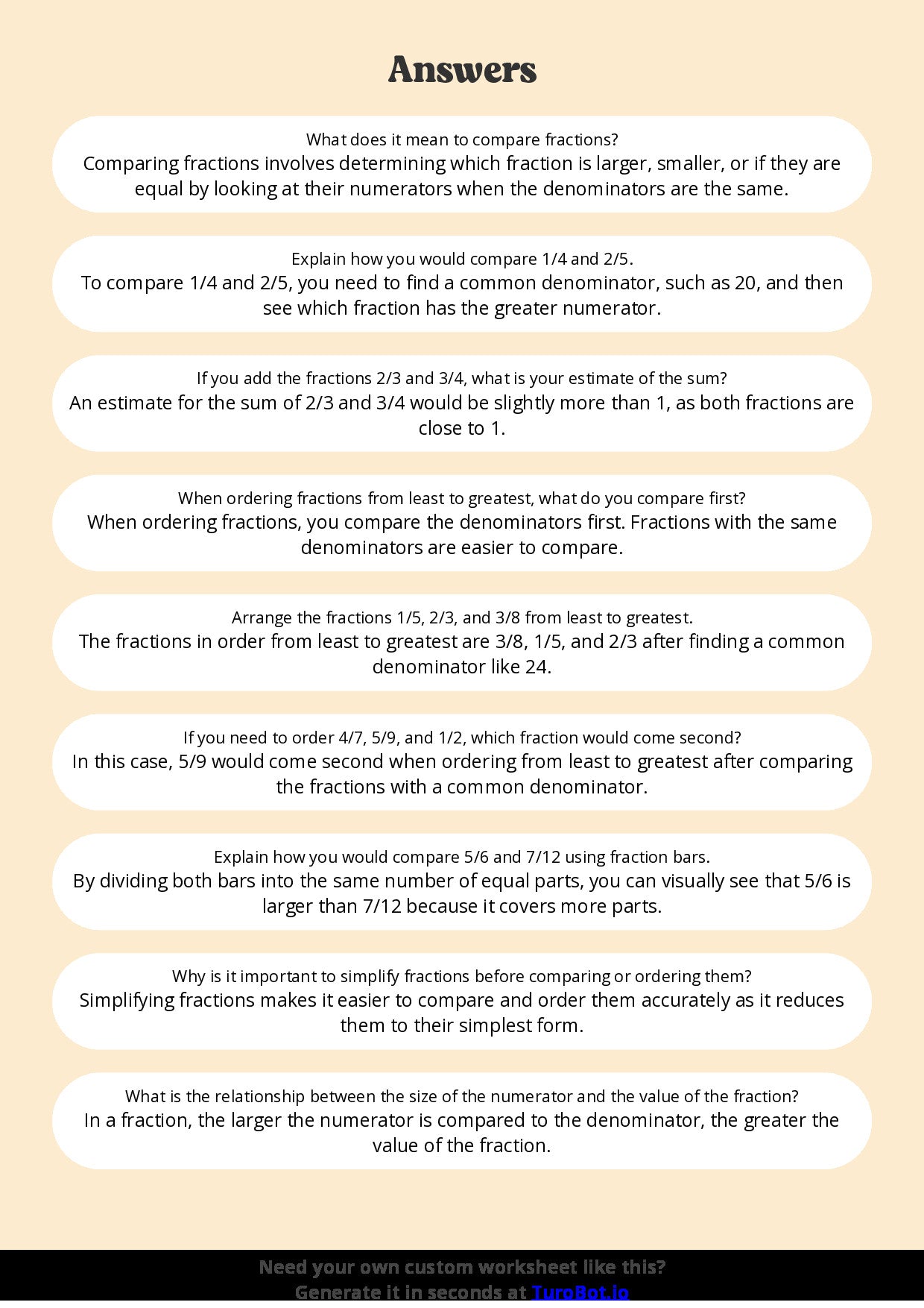 Free Worksheet - Year 5 Math Comparing and Ordering Fractions Short Answer Response