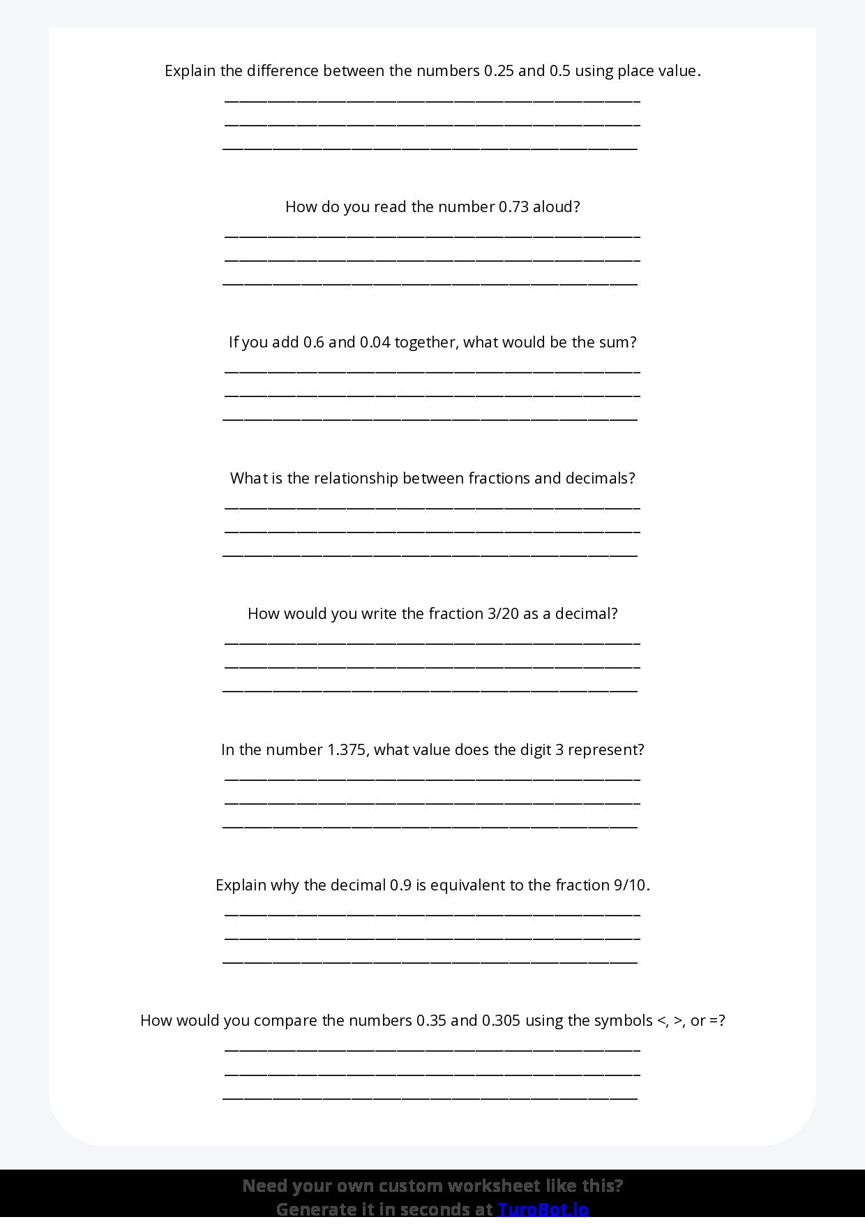 Free Worksheet - Year 5 Math Understanding Decimals and Place Value Short Answer Response