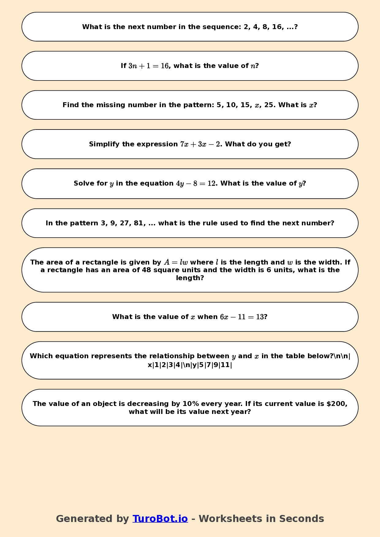 Year 8 Math Worksheet – Algebraic Patterns 2