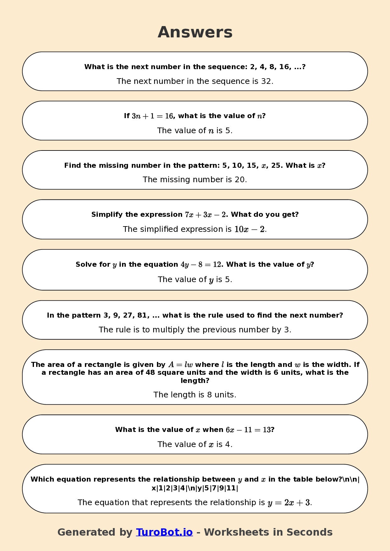 Year 8 Math Worksheet – Algebraic Patterns 2