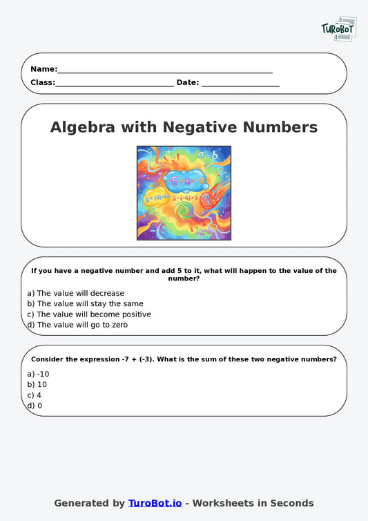 Year 6 Math Multiple Choice Worksheet – Algebra with Negative Numbers