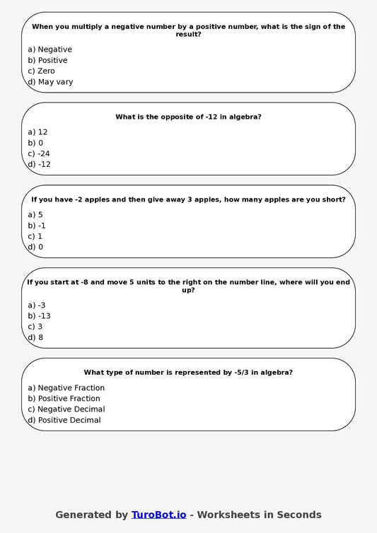 Year 6 Math Multiple Choice Worksheet – Algebra with Negative Numbers