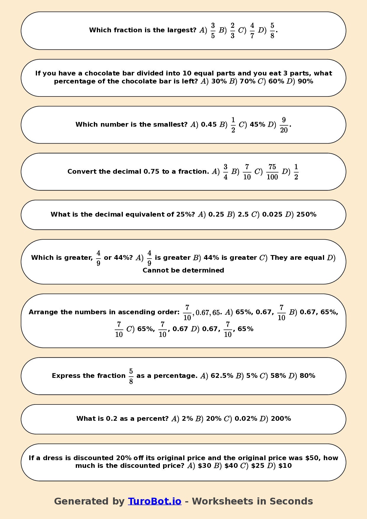 Year 6 Math Worksheet – Compare Fractions, Decimals and Percents