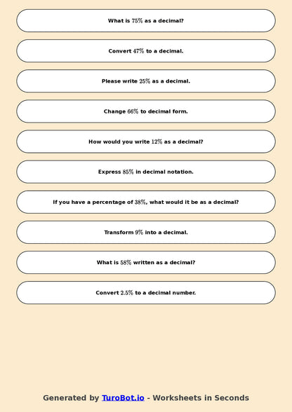 Year 6 Math Worksheet – Convert Percentages to Decimals 2