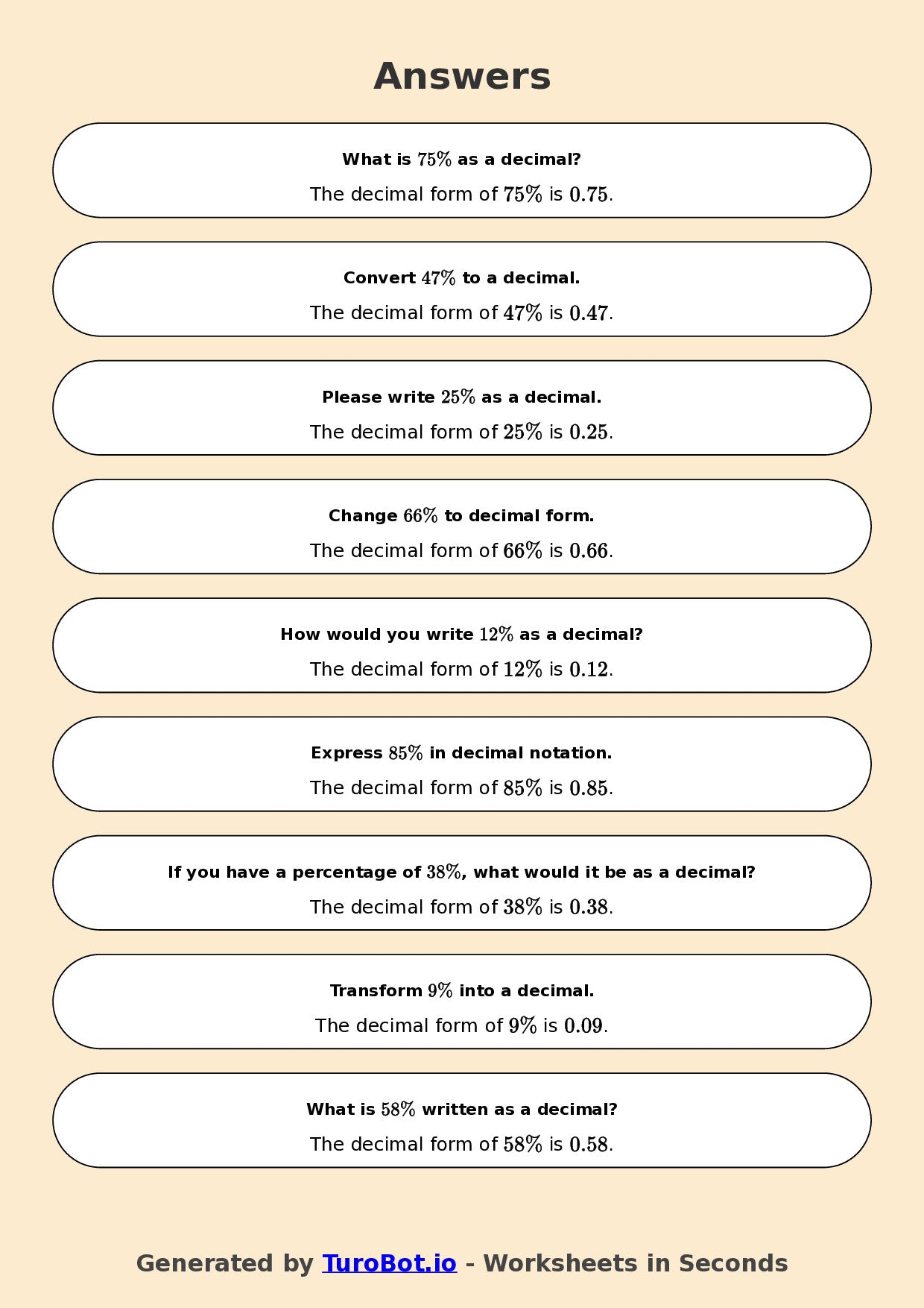 Year 6 Math Worksheet – Convert Percentages to Decimals 2